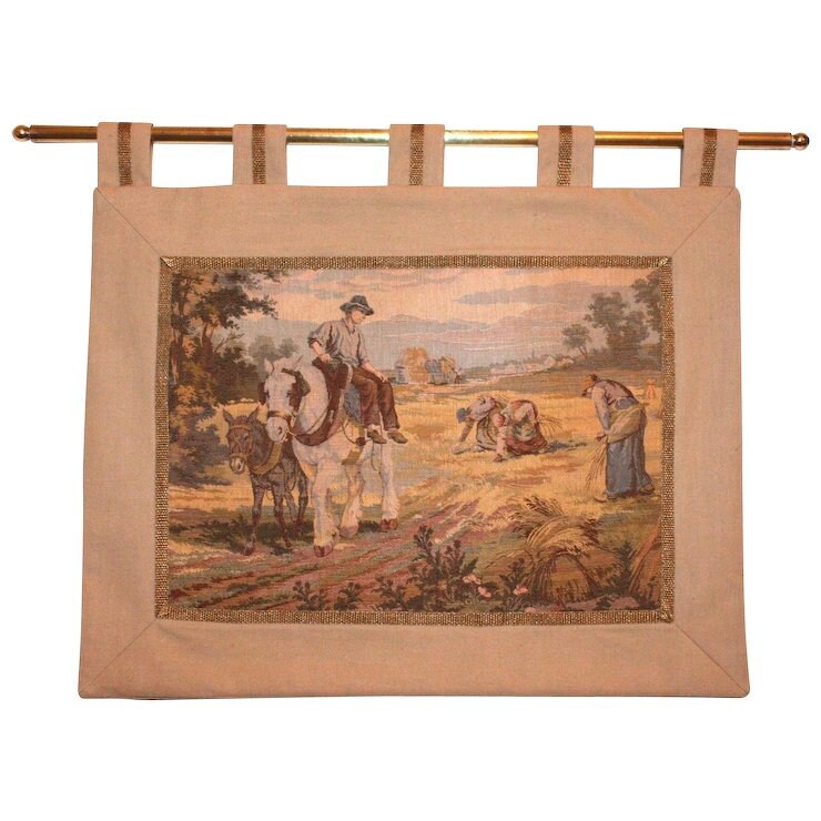 Vintage Français Tapisserie Murale, Backed & Prêt à Accrocher Un Poteau en Laiton Belle.