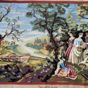 Grande toile de tapisserie terminée à l'aiguille. Scène champêtre.  Idéal pour les meubles rembourrés, les sacs, les coussins, l'encadrement 112 x 75 cm