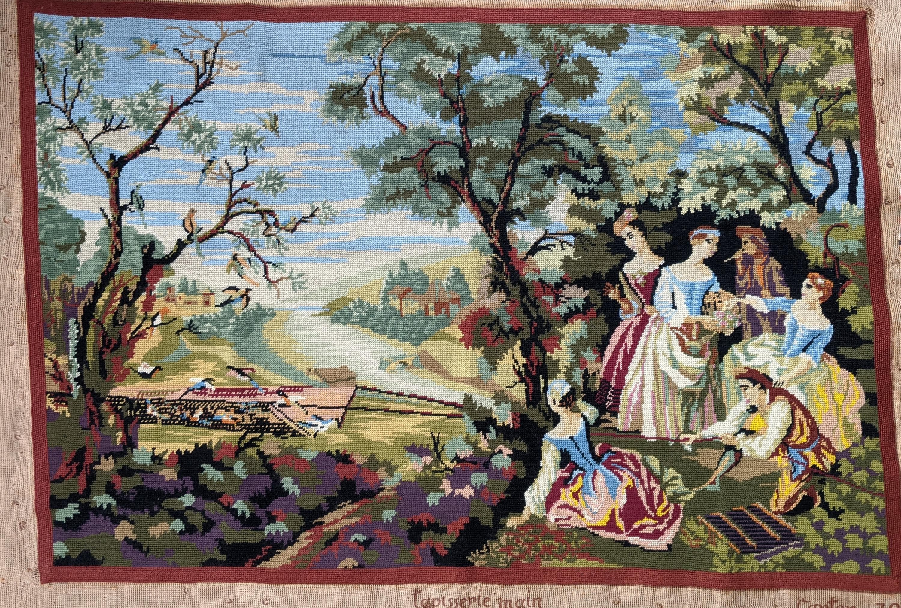 ヨーロッパアート　額縁セット　NEEDLEPOINT Vintage Large Completed Needlepoint Tapestry Canvas. Country Scene. Ideal