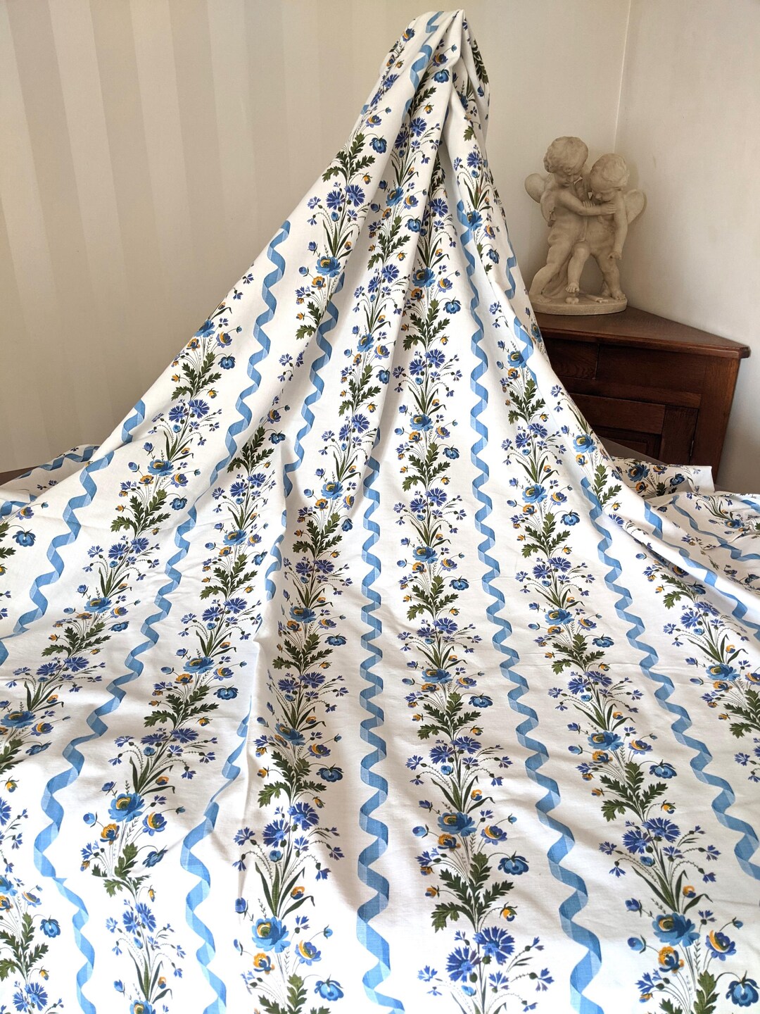 COUPON TISSU FLORAL BLEU ROMANEX - 98x65 Cm Ancien Coton Occasion