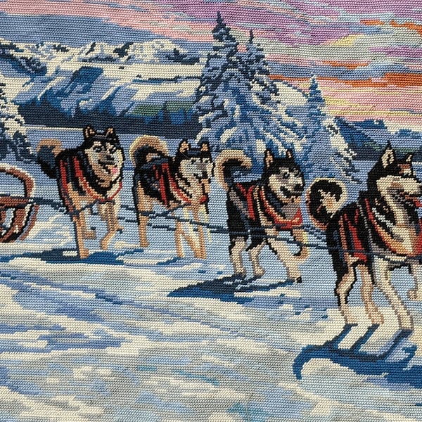 Huskies pulling a sled in the snow.  Vintage French Needlepoint Tapestry Hand Sewn, Sled Dogs