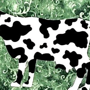 May include: A black and white cow illustration with a spotted pattern. The cow is set against a green background with a swirling, decorative design. The image is a whimsical representation of farm animals.
