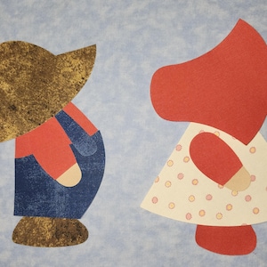 May include: A whimsical illustration of two figures on a light blue background. One figure is a person wearing a brown hat, red shirt, and blue overalls. The other figure is a person in a red head covering and a white dress with pink and yellow polka dots.