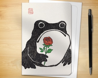 Japanese Greeting Card - Single Rose Ezen Frog