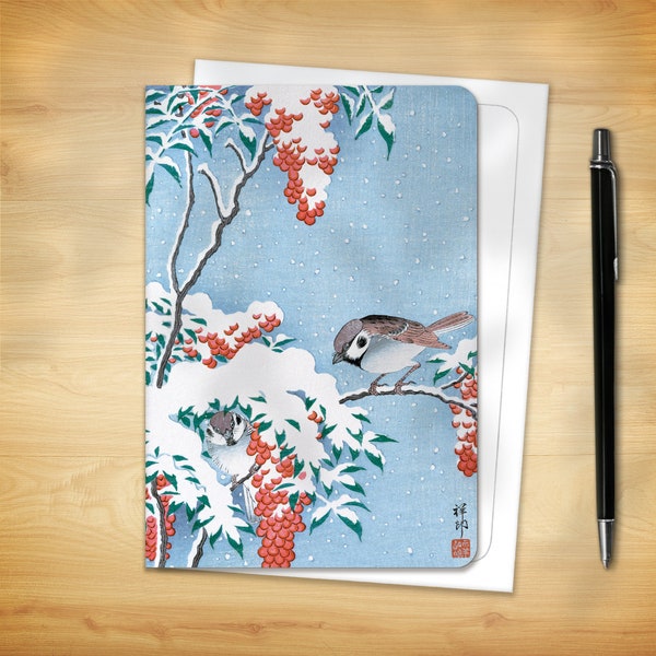 Japanese Greeting Card - Sparrows on Nandina (for him her them)