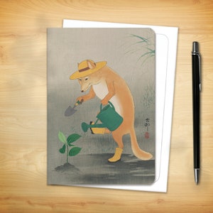 Japanese Greeting Card - Gardener Fox Ukiyoe Woodblock by Koson (for him her them)