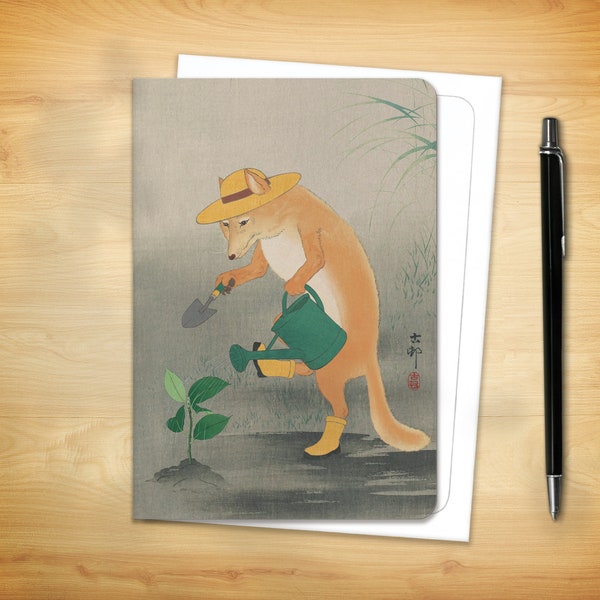 Japanese Greeting Card - Gardener Fox Ukiyoe Woodblock by Koson (for him her them)