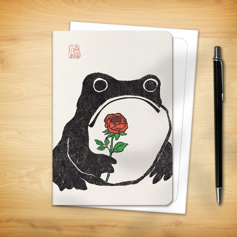Japanese Greeting Card Romantic Ezen Frog Single Rose Card x1