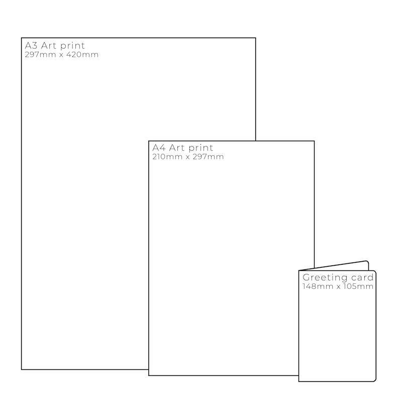May include: Three white rectangular art prints and a greeting card are displayed. The largest is labeled "A3 Art print" and measures 297mm x 420mm. The medium print is "A4 Art print" at 210mm x 297mm. The smallest is a greeting card, 148mm x 105mm.