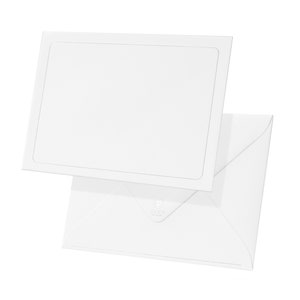 May include: A set of white stationery, including a rectangular card with a thin border and a matching envelope. The envelope has a pointed flap and a small, embossed design. The stationery is clean and minimalist.