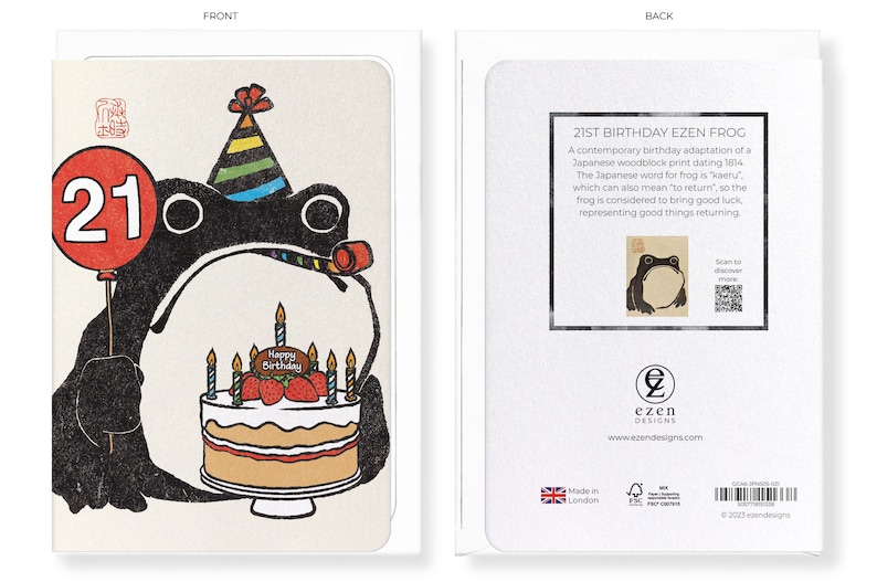 May include: A birthday card featuring a black frog illustration holding a red balloon with the number 21. The frog wears a party hat and holds a party horn. A cake with strawberries and candles is in front of the frog. The back of the card has text.
