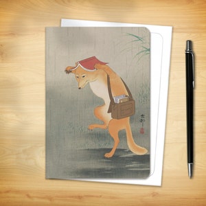 Japanese Greeting Card - Book Lover Fox Woodblock Print by Koson Adaptation (for him her them)