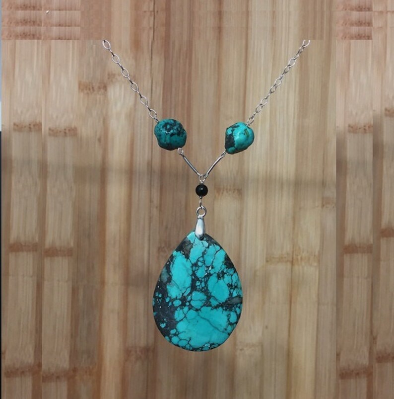 53mm Blue Drop Turquoise Gemstones 925 Silver Necklace Healing Chakra Protection Yoga Zodiac Scorpio Sagittarius Aquarius Pisces Necklace