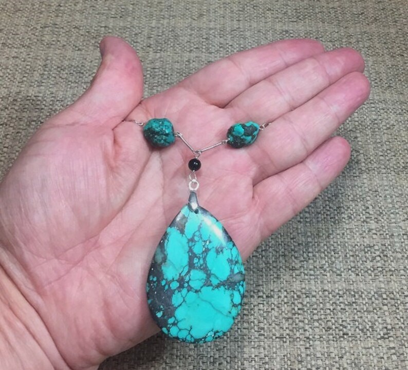 53mm Blue Drop Turquoise Gemstones 925 Silver Necklace Healing Chakra Protection Yoga Zodiac Scorpio Sagittarius Aquarius Pisces Necklace