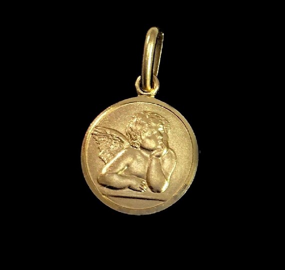 Authentic Italian Yellow Gold Catholic Pendant 10K 14K 18K Solid Yellow Gold Guardian angel Divine protection 16mm Size 3D Design Medal