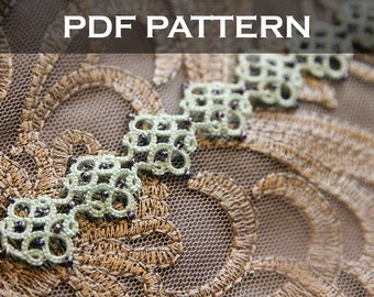 May include: A close-up of a delicate green lace trim with small black beads, featuring a repeating geometric pattern. The lace is sewn onto a brown mesh fabric. The text "PDF PATTERN" is displayed above the lace.
