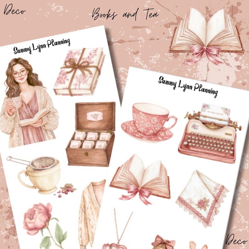 May include: A sticker sheet featuring watercolor illustrations of a person holding a book and tea, a wooden tea box, a floral teacup, a typewriter, open books with pink ribbons, a peony, a cardigan, and a lace handkerchief, labeled Sammy Lynn Planning.