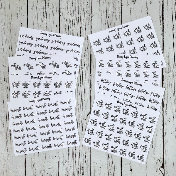 Script Planner Stickers - Gardening/Yard work) - Gardening, Water Plants, Plant Seeds, Harvest, Yard Work, Cut Grass, Fertilize, Pull Weeds