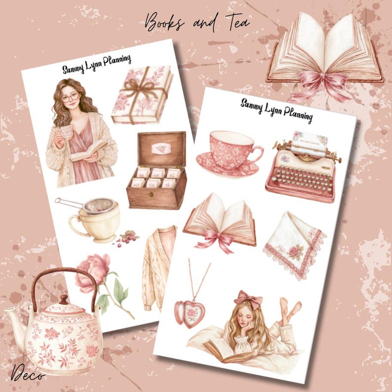 May include: Two sticker sheets featuring watercolor illustrations of books, tea sets, a typewriter, a wooden box, a locket, and two figures reading. The text Sammy Lynn Planning appears on both sheets, with Books and Tea at the top center.