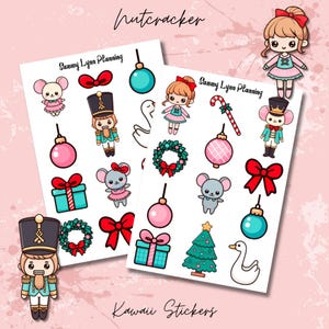 May include: Two sheets of kawaii stickers featuring Nutcracker-themed designs. The stickers include a nutcracker soldier, mice, ornaments, bows, gift boxes, a Christmas tree, and a swan. The text "Nutcracker" and "Kawaii Stickers" are also present.