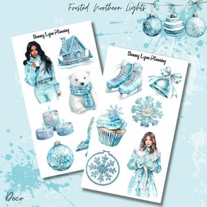 May include: Two sheets of stickers with a winter theme. The stickers feature illustrations of a woman, a polar bear, ice skates, a cupcake, and snowflakes in shades of blue and white. The text "Frosted Northern Lights" is at the top.