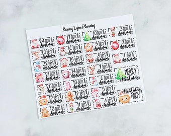 May include: A set of 24 Christmas countdown stickers featuring various festive illustrations, including Santa Claus, reindeer, a snowman, a gingerbread man, and a Christmas tree. Each sticker has a white border and black text that reads "Days 'til Christmas" with a number from 1 to 24.