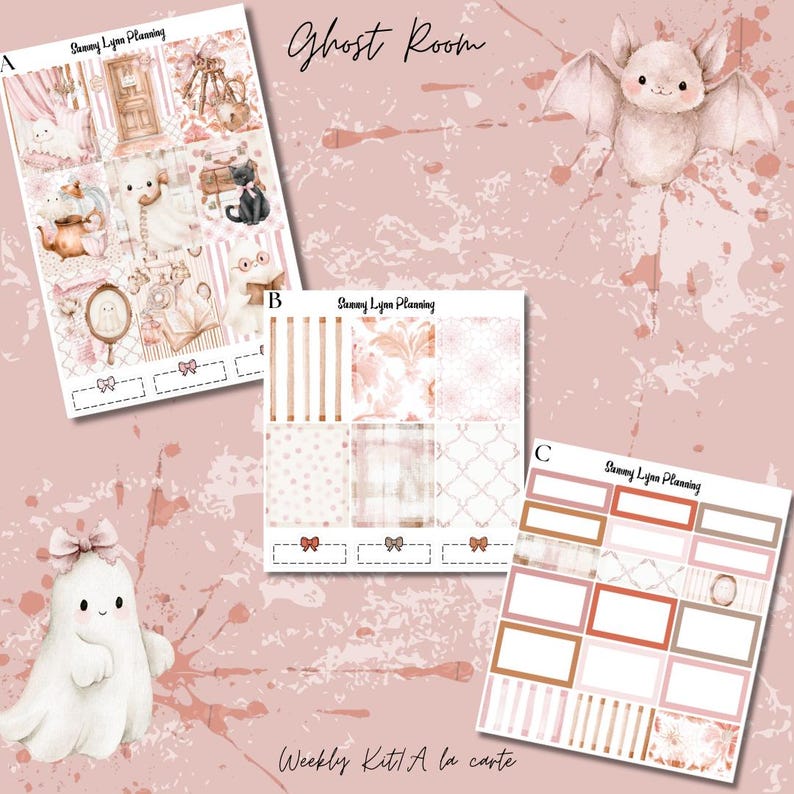 K&ouml;nnte beinhalten: Ein Set aus drei Aufkleberb&ouml;gen mit der Aufschrift Ghost Room und Sunny Lynn Planning, mit Aquarellillustrationen von Geistern, einer Fledermaus, einer schwarzen Katze und verschiedenen Mustern in Altrosa, Braun und Wei&szlig;, inklusive Boxen.