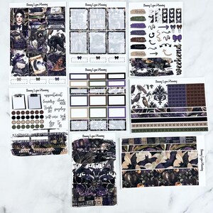 May include: A set of planner stickers with a dark, gothic theme. The stickers feature bats, ravens, and other spooky imagery. The stickers are printed on clear vinyl and are perfect for adding a touch of Halloween to your planner.