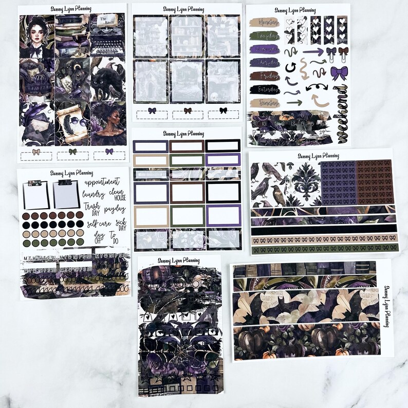 May include: A set of planner stickers with a dark, gothic theme. The stickers feature bats, ravens, and other spooky imagery. The stickers are printed on clear vinyl and are perfect for adding a touch of Halloween to your planner.