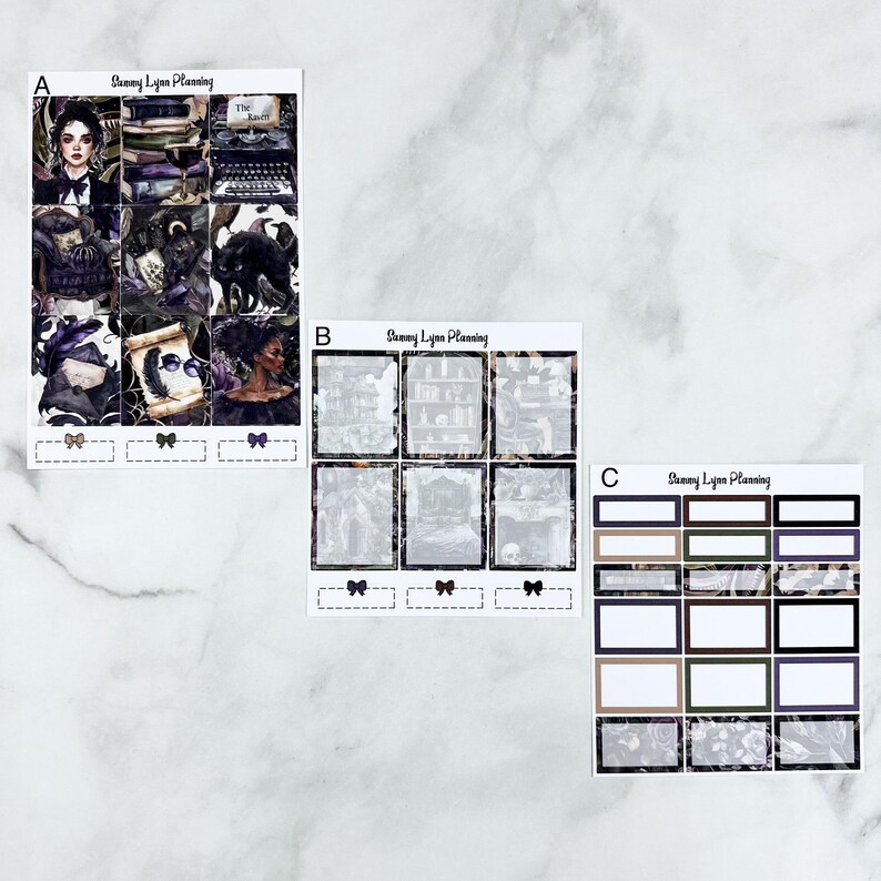May include: A set of three planner sticker sheets with a spooky theme. The first sheet features a woman with a book, a typewriter, and a raven. The second sheet has a library theme with bookshelves and a vintage globe. The third sheet has a dark floral design with black and white accents.