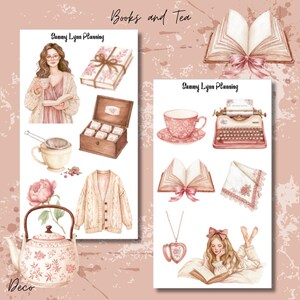 May include: A collection of watercolor stickers featuring Sammy Lynn Planning branding, including a person reading, a floral teapot, a wooden tea box, a cardigan, an open book, a teacup, a typewriter, a locket necklace, and a lace handkerchief.