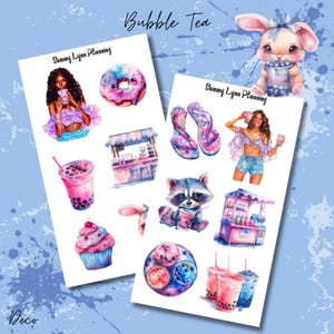 May include: Watercolor stickers featuring bubble tea illustrations. Includes images of a woman drinking bubble tea, a raccoon with bubble tea, a bunny, a cupcake, a donut, and bubble tea stands. The text "Bubble Tea" and "Sammy Lynn Planning" are visible.