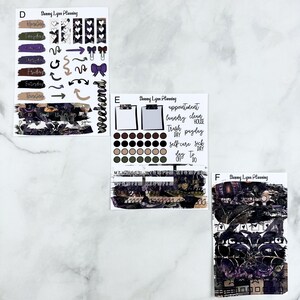 May include: A set of planner stickers with a dark floral and black and white design. The stickers include days of the week, weekend, appointments, laundry, clean house, trash day, payday, self care, sick day, off day, to do, and a variety of other decorative elements.