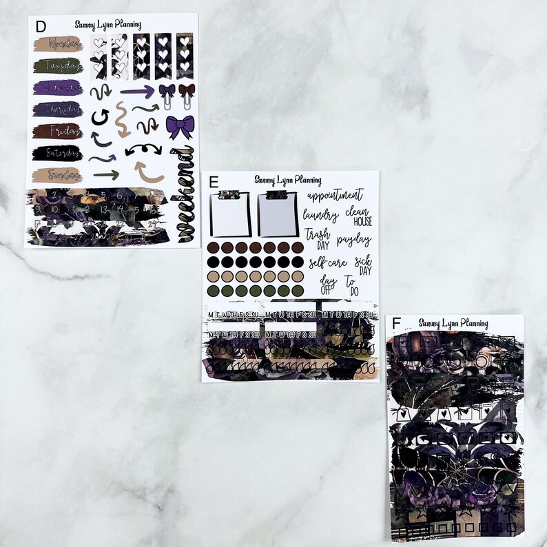 May include: A set of planner stickers with a dark floral and black and white design. The stickers include days of the week, weekend, appointments, laundry, clean house, trash day, payday, self care, sick day, off day, to do, and a variety of other decorative elements.