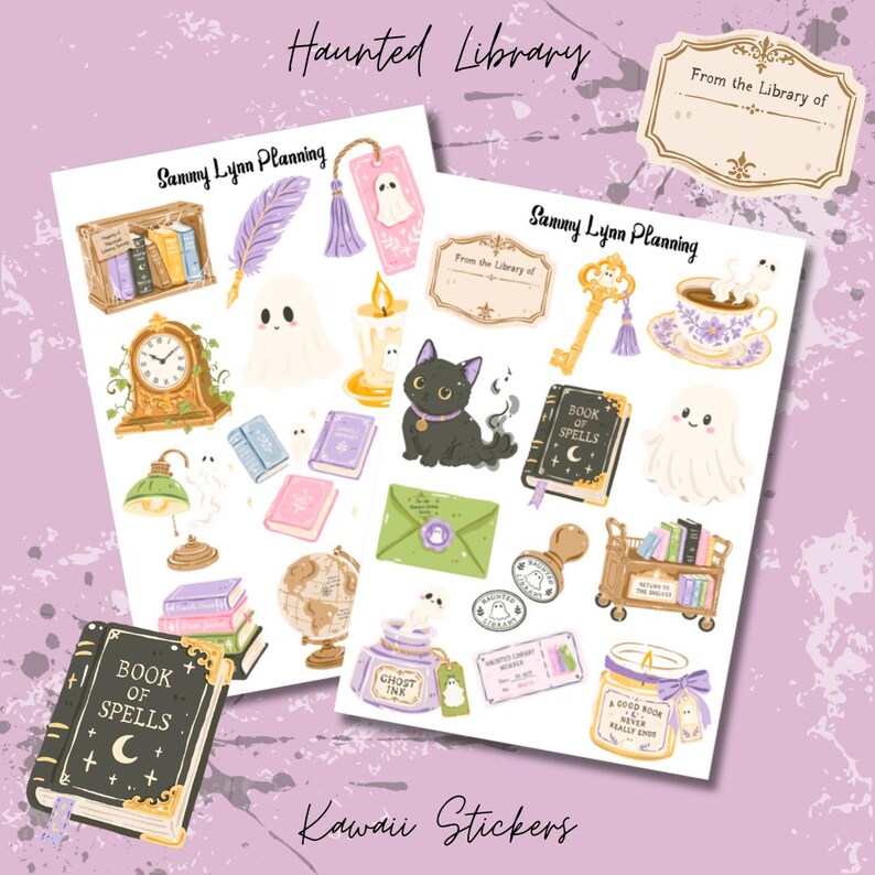 Op de afbeelding: Twee stickervellen met illustraties van geesten, een zwarte kat, boeken, een wereldbol, een klok, kaarsen en een sleutel. De tekst bevat Sammy Lynn Planning, Book of Spells, From the Library of, Ghost Ink en A Good Book Never Really Ends.