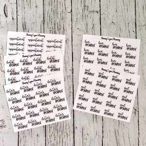 May include: A set of 10 sheets of planner stickers with black text on white paper. The stickers are for appointments, including doctor's, dentist, hair, and nail appointments.