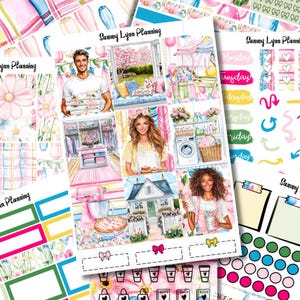 Op de afbeelding: Een verzameling plannerstickers en decoratieve vellen met aquarel illustraties. De vellen bevatten afbeeldingen van mensen, bloemen en huiselijke scènes. Tekst bevat "Sammy Lynn Planning" en dagen van de week.
