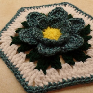 Crochet 7" Granny Hexagon Blue Lotus Flower pattern  DIGITAL DOWNLOAD ONLY