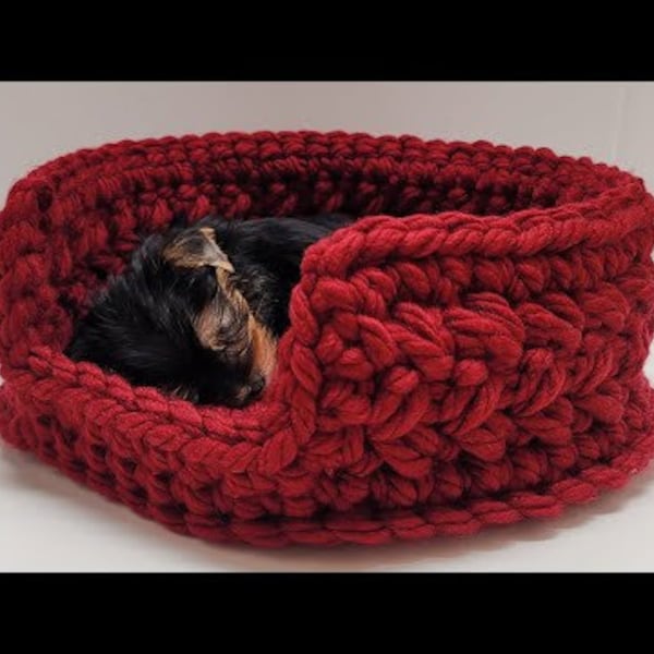Puede incluir: Una cama para perros de crochet roja con un perro pequeño negro y marrón durmiendo dentro.