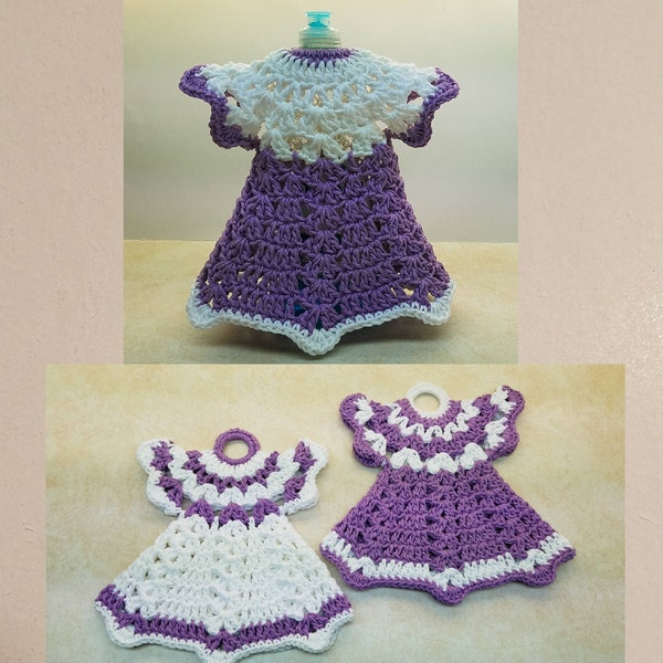 A Pair Of Vintage Crochet Dress Potholders and A Vintage Dress Dish Soap Cover Patterns 380. DIGITAL DOWNLOAD ONLY