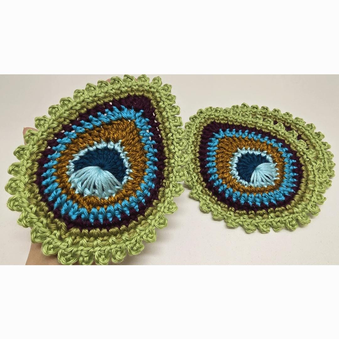 12 Peacock Feather Crochet Patterns to Inspire Elegant Gifts and Home Decor 5 Crochet Peacock Feather Coaster Pattern: Easy Acrylic