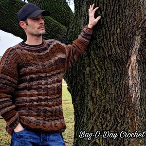 Crochet Sweater Pattern 560 Mens Cable Pullover Sweater Woodland Cables DIGITAL DOWNLOAD ONLY