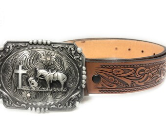 Western Floral Embossed Genuine Leather Belt with Praying Cowboy Cowgirl Buckle