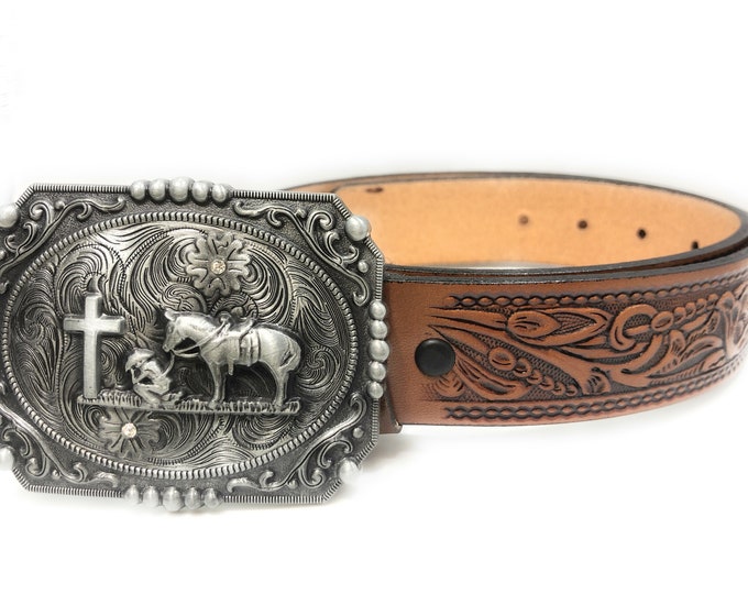 Western Floral Embossed Genuine Leather Belt with Praying Cowboy Cowgirl Buckle