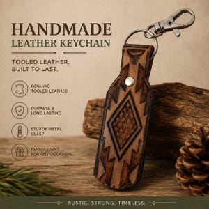 May include: A brown leather keychain featuring a dark, tooled geometric diamond pattern and a silver-toned metal lobster clasp. The text on the image reads: HANDMADE LEATHER KEYCHAIN, TOOLED LEATHER. BUILT TO LAST., GENUINE TOOLED LEATHER, DURABLE & LONG LASTING, STURDY METAL CLASP, PERFECT GIFT FOR ANY OCCASION, RUSTIC. STRONG. TIMELESS.