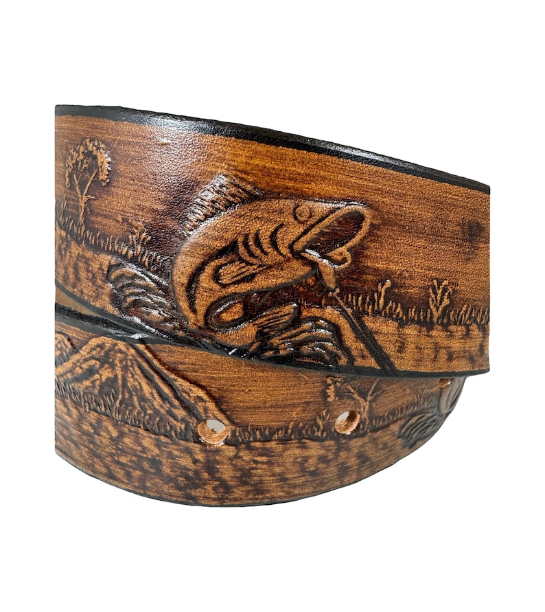 Fishing Design Handmade Men Western Work Casual Leather Belt USA Made Color Brown image 4