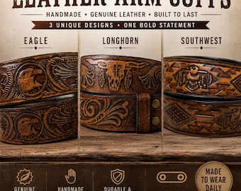 Bracelet manchette en cuir fait main, motif aigle et longhorn du Sud-Ouest, croix chrétienne, cadeau unisexe