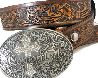 Western Floral Embossed Genuine Leather Belt with Cowgirl Up CLEAR Jeweled Cross