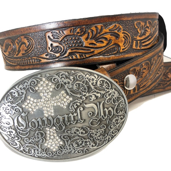 Western Floral Embossed Genuine Leather Belt with Cowgirl Up CLEAR Jeweled Cross