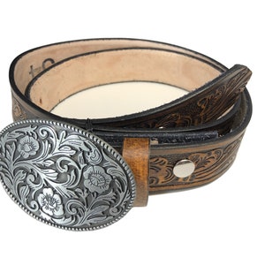 Ladies Western Floral Embossed Genuine Leather Belt with Floral Buckle